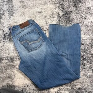 Big Star Pioneer Regular Boot Cut Jeans Mens 34R Blue Denim Distressed Raw Hem